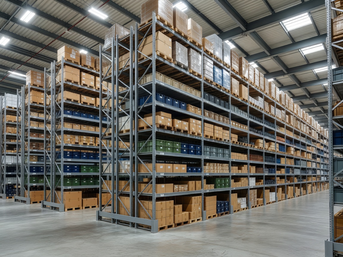 Organized inventory racks inside a distribution warehouse