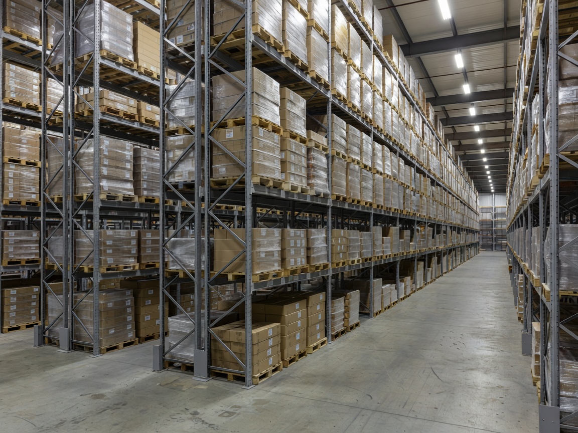 Warehouse aisles with organized pallet storage